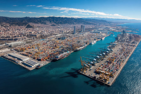 An expansive aerial perspective captures a bustling port with numerous shipping containers, cranes, and associated infrastructure. The composition reveals a vibrant array of colors, emphasizing the scale of the operations. The shot is well-lit, suggesting a daytime scene. This image could be suitable for illustrating logistics, international trade, or economic concepts.の素材