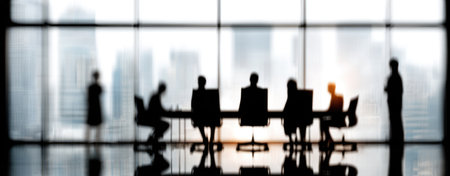 This image presents a group of business professionals in silhouette during a meeting. The composition features a large window overlooking a cityscape. The blurred style creates an air of mystery. It evokes a sense of collaboration and teamwork. Suitable for use in various commercial and editorial contexts.の素材