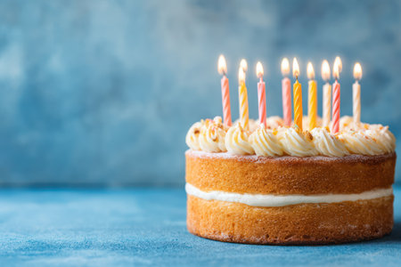 A frosted birthday cake features several lit candles creating a warm atmosphere. The cake rests against a textured blue background, with creamy frosting and visible cake layers. This image could be used for celebratory events or designs related to birthdays and special occasions, suitable for various editorial or commercial applications.の素材