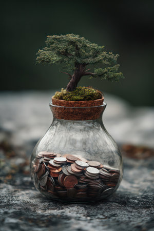 A small bonsai tree thrives from coins enclosed within a clear glass jar, set against a blurred background. The image showcases textures, from the rough stone to the smooth glass and metallic coins. The scene suggests concepts of growth, investment, and financial wellbeing and could be suitable for various commercial or editorial applications.の素材
