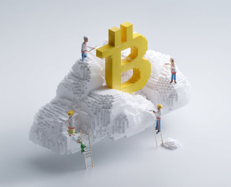 This image features a large yellow Bitcoin symbol resting on a cloud-shaped structure. Miniature figures are seen interacting with the structure. The composition utilizes a 3D rendered style with soft lighting. The scene suggests concepts of finance and digital currency, useful for a variety of editorial or commercial purposes.の素材