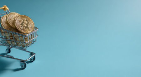 This image features several gold-colored cryptocurrency coins placed inside a miniature shopping cart. The cart is positioned against a solid blue backdrop. The composition creates a simple visual of financial transaction. It's suitable for various financial or technology-related uses, including articles, presentations, or advertising materials.の素材