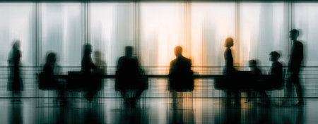 Blurred silhouettes of people are gathered in a meeting room, presumably during the day. The image features a shallow depth of field, with soft colors and subtle textures. The scene suggests professional collaboration or a business setting. Ideal for commercial applications.の素材