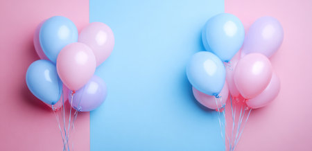 The image showcases a collection of balloons, predominantly in blue and pink hues. The composition features an arrangement against a two-tone backdrop. The texture and lighting contribute to a visually appealing aesthetic suitable for various applications. It might be suitable for commercial and editorial purposes.の素材