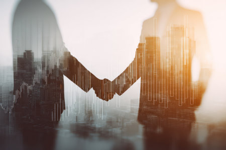 This image showcases a business handshake superimposed over a city skyline. The composition uses a double exposure effect, with a warm color palette dominating the scene. It evokes collaboration and agreement, suggesting possible uses in commercial contexts such as business, finance, and partnership themes. The lighting creates a sense of optimism.の素材