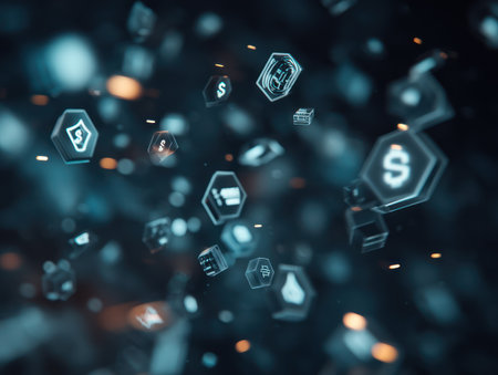 Numerous hexagon-shaped icons with financial symbols float in a dark background. The scene showcases a bokeh effect with small lights. The overall visual emphasizes a digital, futuristic environment suitable for various commercial uses. The composition utilizes a shallow depth of field, drawing attention to the foreground elements.の素材