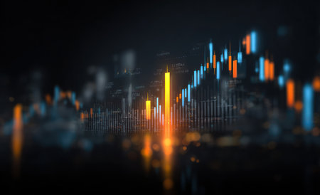 A close-up view depicts a vibrant financial trading graph rendered in a digital style. The image showcases data visualization with lines and points, highlighted by dynamic shades of blue, orange, and yellow. The overall composition suggests a technological environment, potentially useful for commercial or editorial applications.の素材