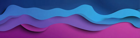 This abstract illustration features layers of flowing, colorful waves in shades of blue and magenta. The composition suggests a dynamic and modern design. The image uses a paper cut style and may be suitable for backgrounds, website design, or other creative projects, showcasing a contemporary aesthetic.の素材
