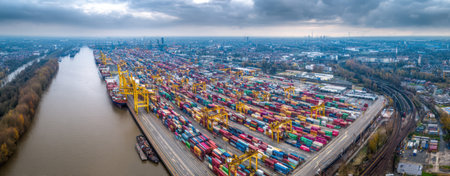 An overhead shot reveals a large shipping port filled with stacked containers and tall cranes. The scene is dominated by a mix of colorful shipping containers and large machinery. The lighting is diffused under an overcast sky. This image is suitable for illustrating global trade, logistics, and supply chain topics.の素材