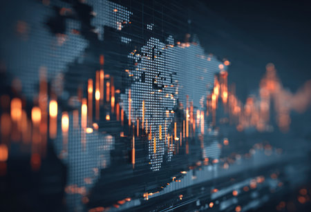 An artistic representation features an abstract world map overlayed with dynamic data visualizations, highlighted with shades of blue and orange. The composition uses a digital, modern style with a shallow depth of field, emphasizing the intricate details. Ideal for commercial applications related to technology, finance, or global business.の素材