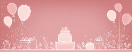 An illustration depicts a celebratory scene with a layered cake, floating balloons, and gift boxes. The design is presented in a monochromatic pink color scheme. This image could be used for various celebratory themes, and is suitable for greeting cards and event promotional materials.の素材
