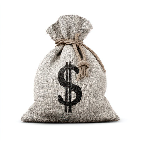 A close-up image showcases a textured canvas money bag, with a large dollar sign prominently displayed. The bag's neutral tones contrast with the white background, enhancing its visual presence. The lighting is bright and even, highlighting the bag's shape and material. This image is suitable for various financial or economic illustrations.の素材