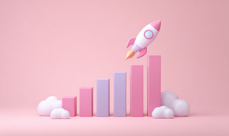 A cartoon rocket ascends above a colorful bar graph, set against a pink backdrop. The image utilizes soft pastel colors and a smooth, three-dimensional style. Fluffy white clouds accent the bottom. This image may be suitable for illustrating growth, progress, or business concepts in various commercial contexts.の素材