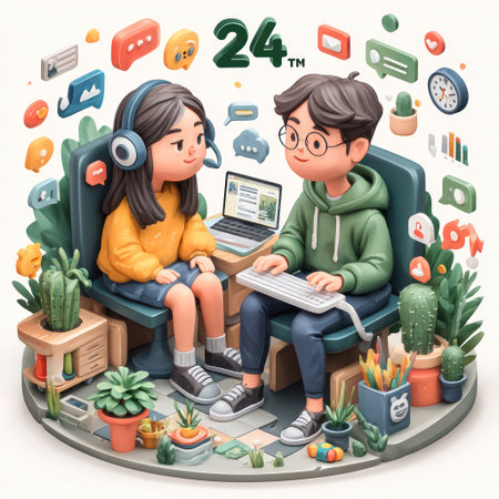 Two cartoon characters are depicted engaged in digital tasks, surrounded by colorful icons representing communication and technology. The illustration showcases a bright, playful aesthetic with a focus on a modern, connected world. It's suitable for various applications, including promotional materials and educational content.の素材
