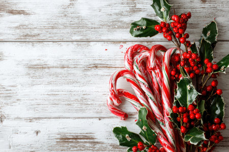 This image presents candy canes alongside holly berries and leaves, arranged on a weathered wooden surface. The composition showcases vibrant red, green, and white colors, with detailed textures. Natural lighting suggests an indoor setting. This image could be suitable for various commercial projects related to holidays and festive themes.の素材