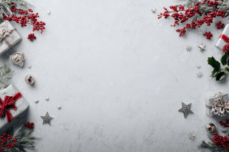 An overhead view presents wrapped gifts, scattered stars, and decorative sprigs of red berries and green leaves. The composition is set against a soft, white background. This arrangement suggests a festive celebration, suitable for various holiday-themed projects or designs, providing an elegant aesthetic.の素材