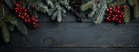 An overhead shot reveals a festive arrangement featuring evergreen branches and bright red berries. The composition rests upon a textured, dark wooden surface. The contrast of colors and textures suggests a seasonal theme, suitable for diverse commercial applications and holiday-related content.の素材