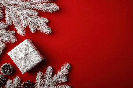 A silver gift box and several white fir branches lie on a vivid red surface. The overhead composition highlights the textures of the ornaments. The lighting provides visual contrast, suggesting a festive season theme. Suitable for holiday projects, promotional materials, or various creative applications.の素材