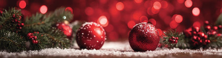 Two round red Christmas ornaments are the focal point against a blurred red backdrop, with a layer of snow. Greenery and red berries decorate the scene. The image displays a festive aesthetic, suitable for holiday-themed advertising, greeting cards, or editorial content.の素材