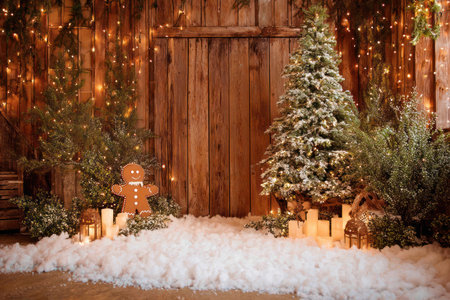 This image depicts a festive Christmas scene featuring evergreen trees, artificial snow, and a gingerbread man. Warm lighting from candles and lanterns illuminates the wooden background, creating a cozy atmosphere. The composition emphasizes natural elements and suggests potential use for holiday-themed advertising or editorial projects.の素材
