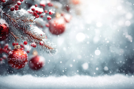 Close-up of festive red ornaments on an evergreen branch dusted with snow, creating a winter scene. The image showcases textures, bokeh, and soft lighting, suggesting a cold environment. The composition could be used for holiday-themed marketing or editorial purposes.の素材