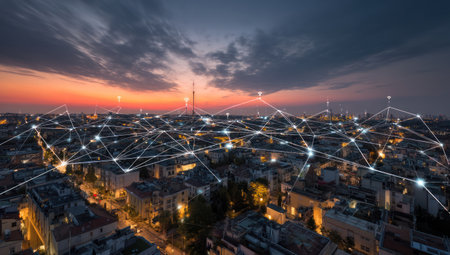 An aerial view presents a city skyline, interwoven with a digital network, under a colorful sunset. The composition features rooftops, buildings, and connecting lines, emphasizing connectivity. Warm and cool colors create visual contrast. This image could be used for illustrating technology, communication, or urban development concepts.の素材