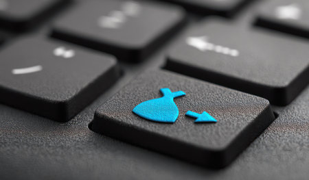 The image features a close-up of a keyboard key with a symbolic trash icon, suggesting data disposal or deletion. The key is dark, with a blue graphical element. The composition highlights details. This imagery could be used in various commercial projects related to technology or data.の素材