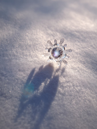 A close-up view presents a transparent glass snowflake resting on a bed of fresh snow. The snowflake's intricate details are highlighted by soft lighting, casting a prominent shadow. The composition uses a shallow depth of field, emphasizing the delicate form. This image is suitable for a range of commercial applications, including seasonal designs.の素材