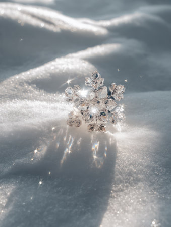 This image presents a detailed view of a snowflake resting on a pristine white surface. It displays intricate crystal structures, and the scene is illuminated by radiant sunlight. The overall composition suggests a serene, cold environment, potentially suitable for seasonal themes or visual content related to winter. It may be used for various design projects, advertising campaigns, and editorial purposes.の素材