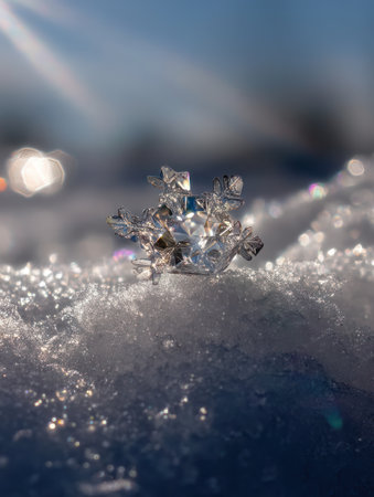A detailed photograph captures a pristine snowflake resting on a snowy surface, illuminated by sunlight. The crystalline structure is clearly visible against the soft textures of the snow. The image showcases natural lighting and a shallow depth of field, suggesting its potential for use in winter-themed marketing or artistic projects.の素材