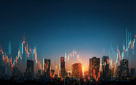 A nighttime cityscape is depicted with skyscrapers silhouetted against a gradient blue sky. Overlaying the buildings are colorful financial charts indicating market fluctuations. The composition features a mix of textures and lighting, suggesting an urban setting. This image is suitable for illustrating concepts of finance, investment, or urban development in various applications.の素材