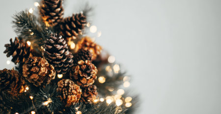 A collection of pine cones and green foliage is gathered, accented by delicate string lights. The warm tones of the cones contrast with the soft green. The composition suggests an indoor setting, with a shallow depth of field. Suitable for various design projects, including seasonal or decorative content.の素材