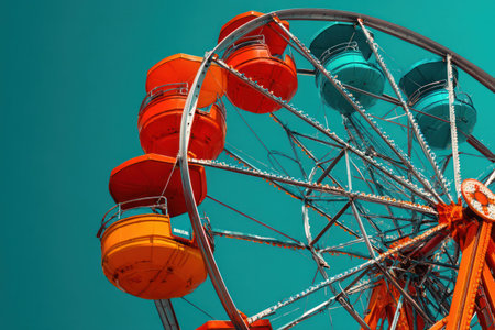 A vibrant Ferris wheel is captured against a bright turquoise sky. The image showcases colorful cabins and radial framework. The composition is taken from a low angle, emphasizing the wheel's size. Suitable for use in projects related to entertainment, leisure, or promotional materials.の素材