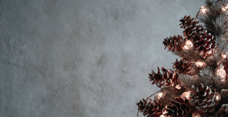The image features frosted pinecones adorned with small, warm white lights. The composition is set against a textured gray background, creating a contrast. The lighting highlights the texture and depth of the pinecones. This visual would be suitable for festive designs or backgrounds in various commercial projects.の素材