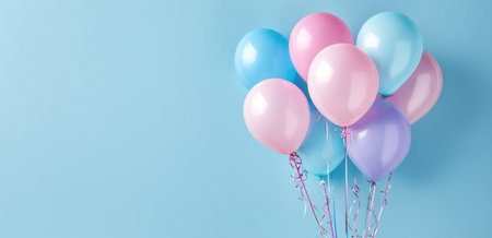 A collection of pastel-colored balloons is arranged against a plain light blue background. The balloons appear smooth and inflated, with subtle highlights suggesting a soft light source. The composition is simple and clean, potentially suitable for various uses related to parties, celebrations, or general decorative concepts.の素材