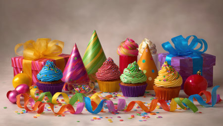 An assortment of decorated cupcakes are displayed alongside wrapped gift boxes and party hats. The image showcases vibrant colors, including pinks, blues, greens, and yellows. The composition features a variety of textures and shapes. This visual could be used for celebratory events or designs, for commercial purposes.の素材