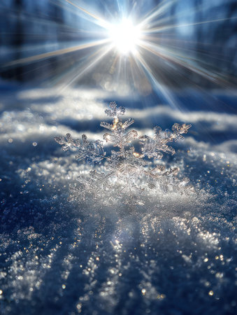 This image showcases a close-up of a delicate snowflake resting on a snowy surface. The bright sun creates a dazzling sunburst effect, with sharp lines of light. The composition features an eye-level perspective and shallow depth of field, suitable for editorial and commercial applications.の素材