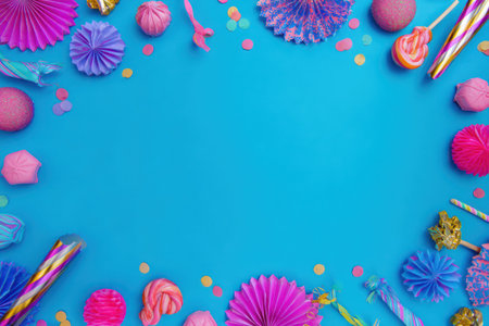 An overhead view displays diverse party decorations arranged on a solid blue surface. The composition includes vibrant shades of pink, purple, and gold. The decorations vary in form, from paper fans to wrapped candies, suggesting a celebratory environment, possibly suitable for promotional material or festive visuals.の素材