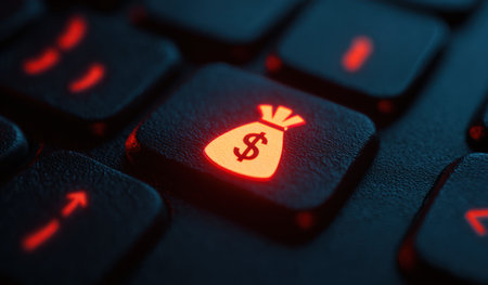 An overhead shot shows a close-up of a keyboard key lit with a dollar symbol. The key is black with a glowing orange icon. The image has a shallow depth of field, with soft focus on surrounding keys. This image could be used for financial, technological, or conceptual purposes.の素材