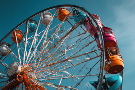 A close-up view of a vibrant Ferris wheel dominates the frame against a clear blue sky. The ride's carriages are brightly colored with shades of orange, blue and pink, showcasing a radial composition. The structure's metallic framework creates visual interest, suggesting the activity is outdoors and may be used for various commercial purposes.の素材