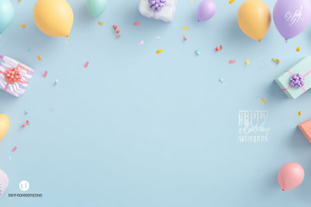 An overhead view displays colorful balloons and gift boxes arranged on a pale blue background. The scene features various hues, including yellow, pink, and lavender, with small confetti pieces scattered across the surface. The composition creates a celebratory atmosphere, suitable for various commercial uses and design projects.の素材