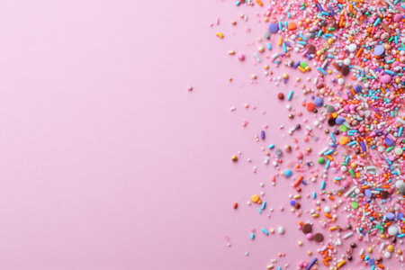 An overhead shot showcases a cascade of vibrant sprinkles against a solid pink backdrop. The mix of colorful sprinkles creates a textured effect. This bright composition evokes a sense of celebration. It can be used for various commercial projects related to food, desserts, or festive themes.の素材