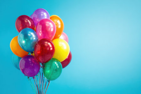 A cluster of brightly colored balloons is displayed against a solid blue background. The balloons present various hues, including red, green, yellow, and purple. The composition features a clear focus with ample copy space, making it appropriate for diverse applications in design or promotional settings. The image suggests a celebratory atmosphere.の素材