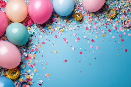Balloons in various pastel colors are arranged with scattered confetti against a bright blue backdrop. The overhead composition features a vibrant mix of pink, blue, and gold elements, creating a festive visual. Ideal for design projects, promotional materials, or general celebratory themes, suggesting joyful occasions.の素材