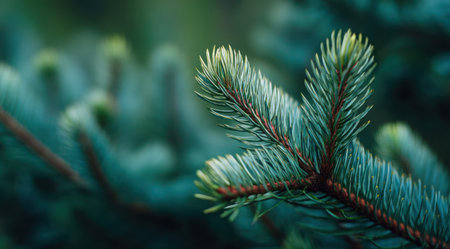 This image showcases a close-up of evergreen tree branches, highlighting their textured needles and vibrant green hues. The composition focuses on the natural details, with a shallow depth of field creating a soft, blurred background. The photograph conveys a sense of the outdoors and can be used for various commercial or editorial purposes.の素材