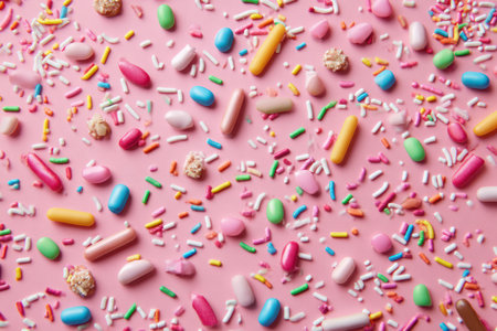 An overhead view reveals an array of assorted candy sprinkles and sweets scattered across a pink surface. Various shapes and colors are present, including rods, ovals, and dots, creating a visually vibrant composition. The image's high-angle perspective and bright tones lend themselves well to decorative, commercial, and editorial applications.の素材
