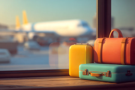 A stack of colorful suitcases sits near a window, with a blurred airplane visible in the background. The image features a shallow depth of field, with soft lighting and vibrant colors. It evokes a sense of travel and adventure. Suitable for use in various commercial and editorial contexts related to tourism and transport.の素材