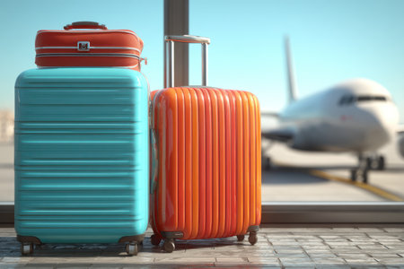 Three pieces of colorful luggage sit prominently near a large window, with a blurred airplane in the background. The luggage is blue, orange, and red with a textured appearance, and they are near a large window. This image could be used for articles about travel, vacation, or transportation.の素材