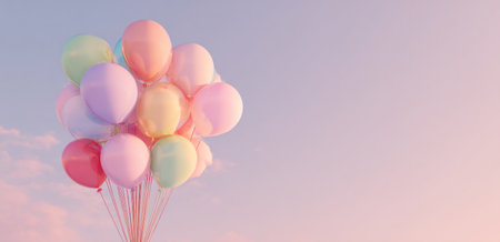 A bunch of pastel-colored balloons floats in the sky. The image features a gradient background with soft pink and blue hues. The composition may be useful for various applications such as greeting cards, event promotions, or website design, providing copy space.の素材