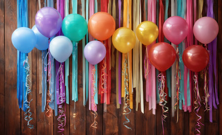 A vibrant assortment of balloons and hanging ribbons create a festive backdrop. The image showcases a range of colors, textures, and a celebratory mood. This visual may be used for event promotion or design projects. The composition features overhead lighting and a wooden background.の素材
